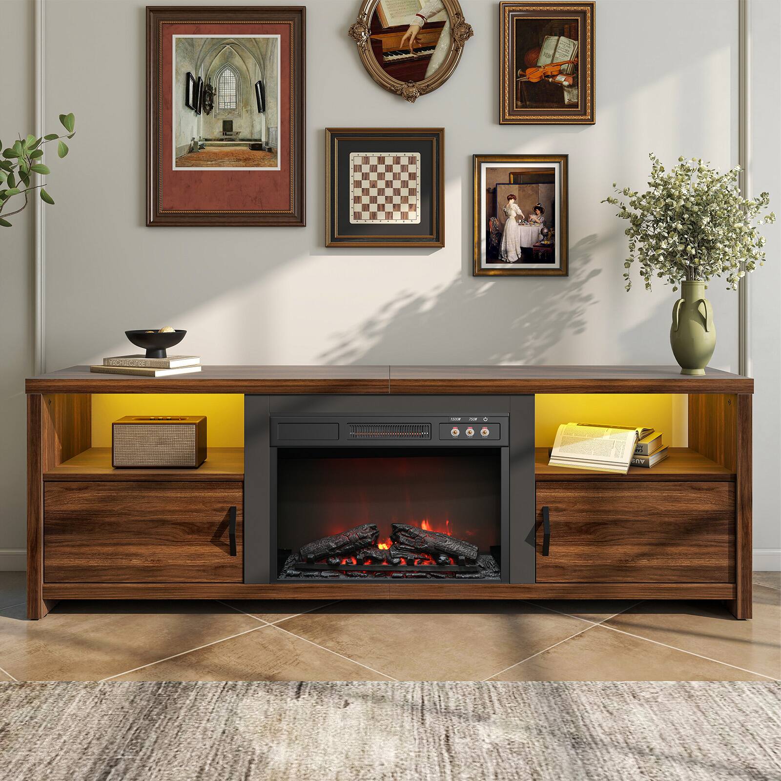 Angle. Bestier - 71-inch Fireplace TV Stand with RGB Lights Entertainment Centers, Open Shelves & Cable Management - Walnut.