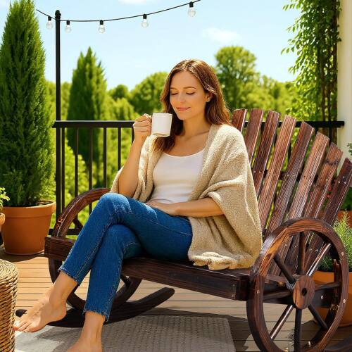 Alt View 8. Winado - 36inch Wooden Wagon Adirondack Rocking Chair Rustic with High Back, Slatted Seat, Wheel Armrest for Indoor Outdoor Porch - Carbonized.