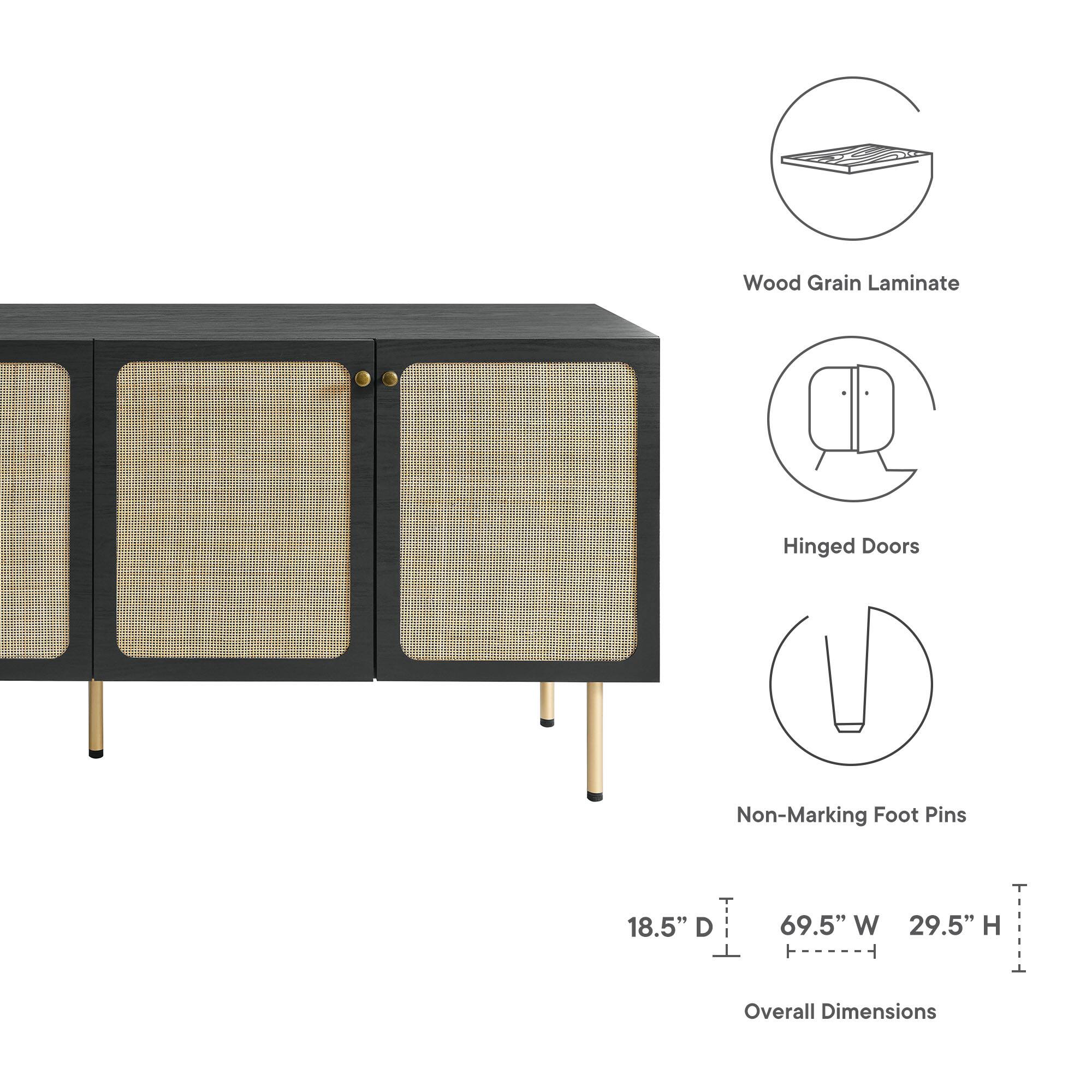 Wood Grain Laminate  
Hinged Doors  
Non-Marking Foot Pins  

Overall Dimensions:  
18.5" D x 69.5" W x 29.5" H