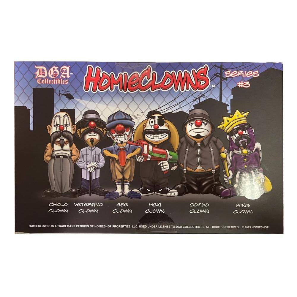Sure, here is the corrected and grouped text from the image:

---

**DGA Collectibles**

**HOMIECLOWNS™**

**Series #3**

- CHILO CLOWN
- VETERANO CLOWN
- ESE CLOWN
- MEXI CLOWN
- GORDO CLOWN
- KING CLOWN

**HOMIECLOWNS IS A TRADEMARK PENDING OF HOMIESHOP PROPERTIES, LLC. USED UNDER LICENSE TO DGA COLLECTIBLES. ALL RIGHTS RESERVED. © 2023 HOMIESHOP**

---
