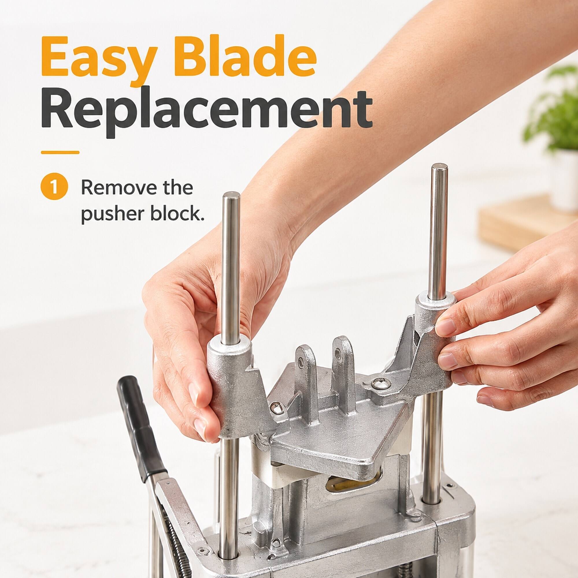 Easy Blade Replacement

1. Remove the pusher block.