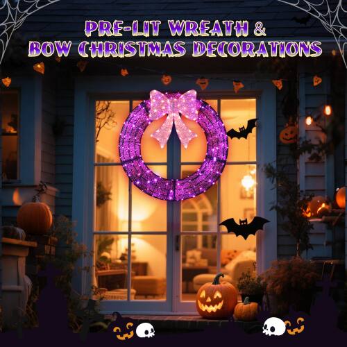 PRE-LIT WREATH & BOW CHRISTMAS DECORATIONS