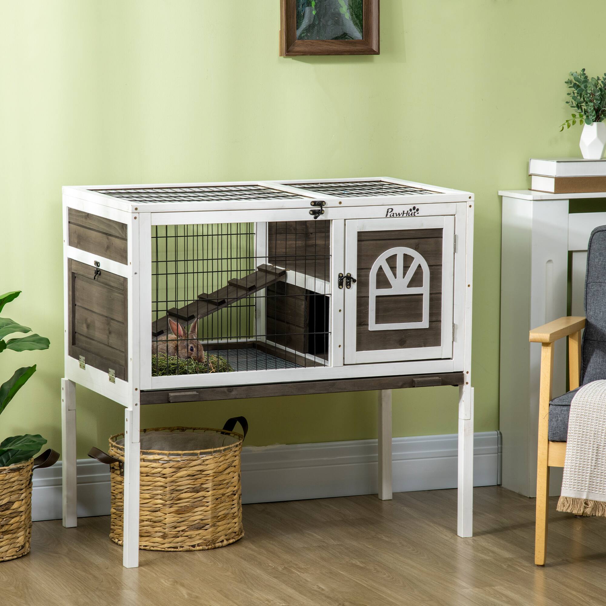Angle. Pawhut - Wooden Rabbit Hutch, Indoor Elevated Guinea Pig Cage with Run, Ladder, Lockable Doors and Removable Tray.