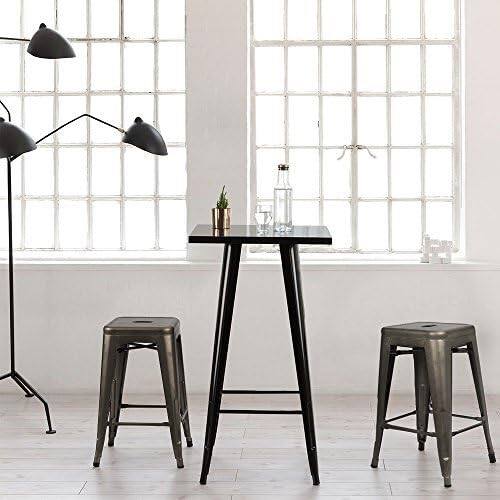 Back. Hivvago - Set of 4 - 24-in. Indoor/Outdoor Backless Stacking Gunmetal Grey Metal Barstools - Grey.