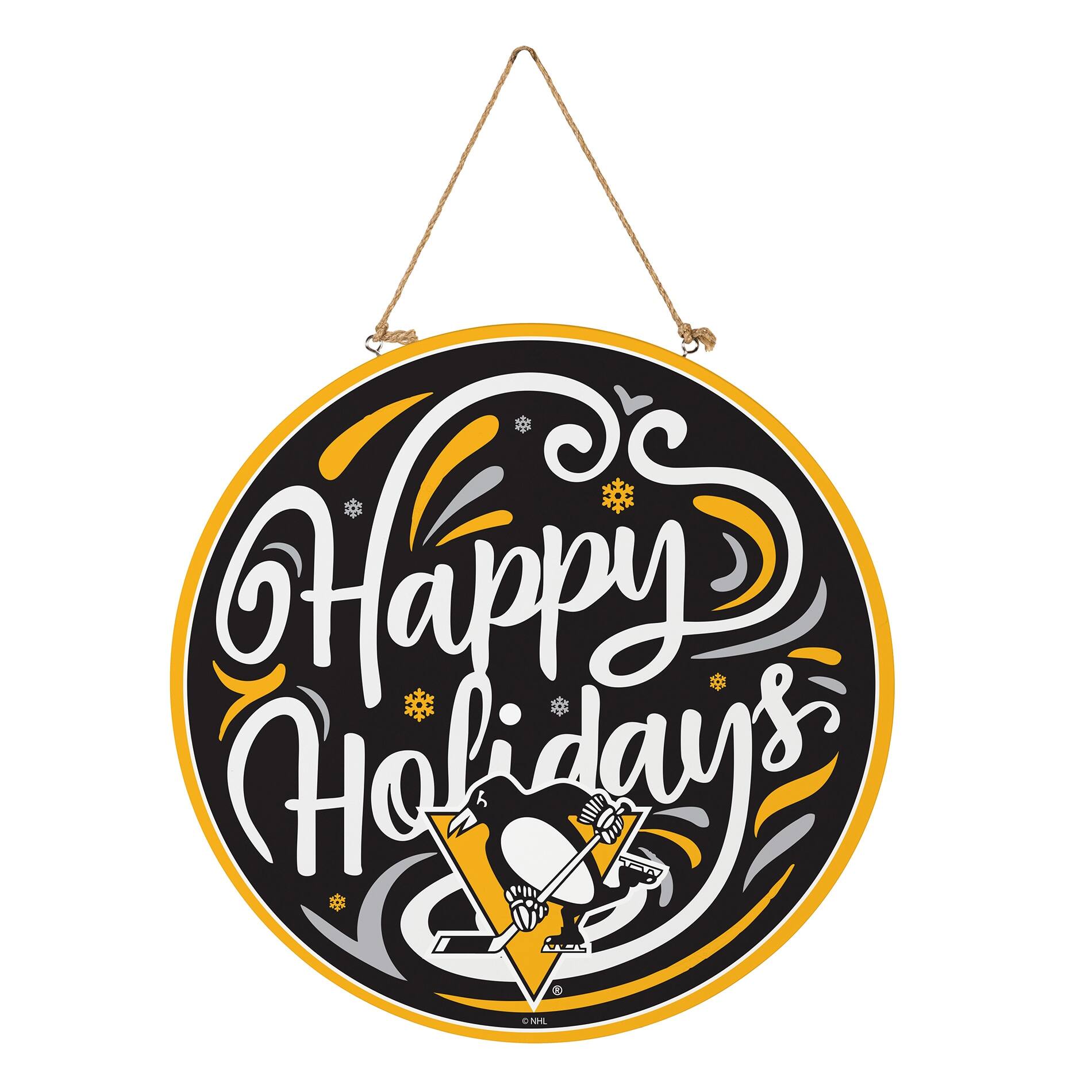 Alt View 2. Evergreen Enterprises - Pittsburgh Penguins 18" Happy Holidays Wooden Round Door Sign - Multicolor.