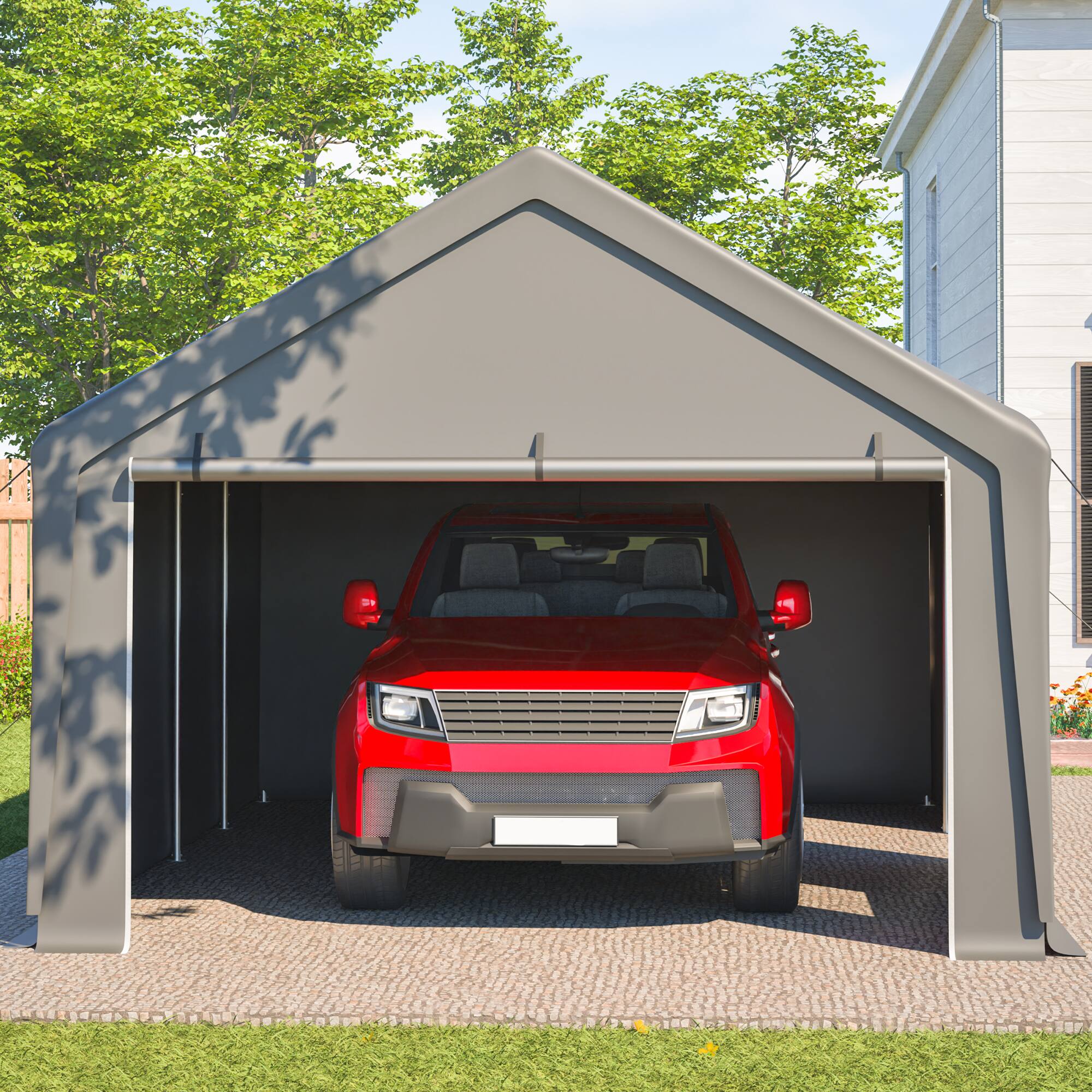 Left. Mondawe - 13x26 FT Carport Canopy with 2 Roll-Up Doors and 1 Side Door, Removable End Walls & Windows - Gray.