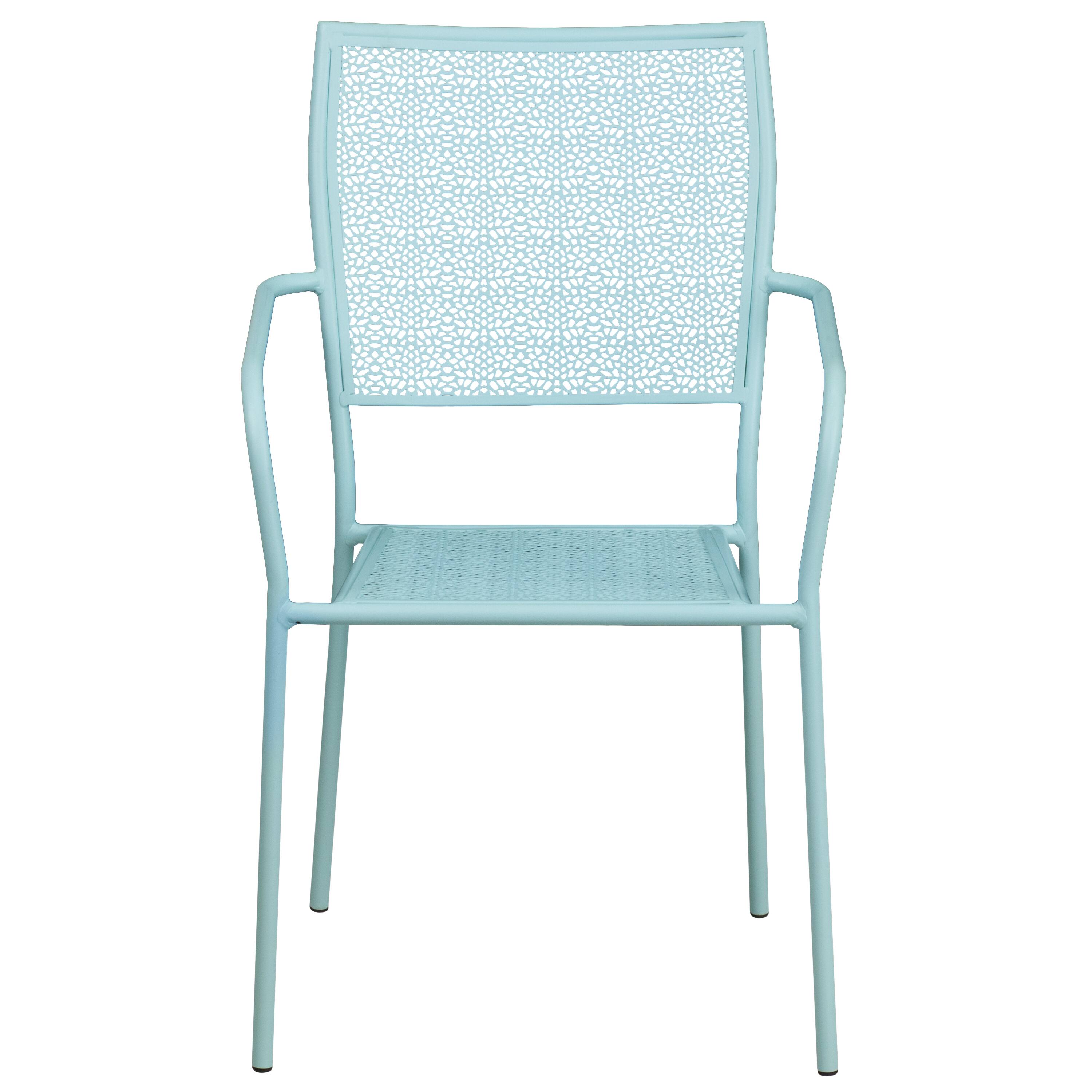 Alt View 7. Emma + Oliver - Commercial Grade Colorful Metal Patio Arm Chair with Square Back - Sky Blue.