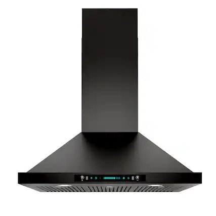 Front. Onefly - 36 inches - Convertible - Wall Mount Range Hood - Black stainless steel.