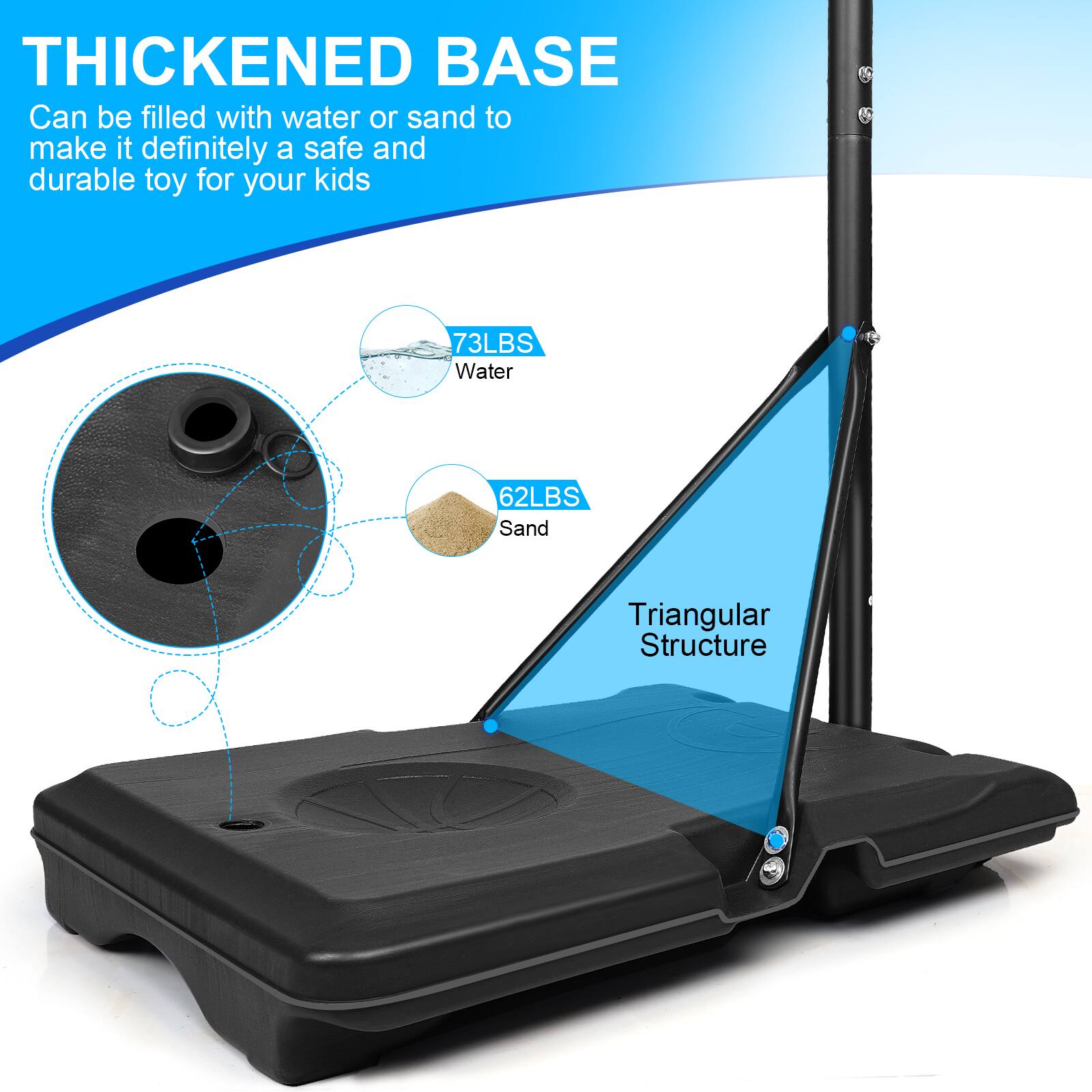 THICKENED BASE  
Can be filled with water or sand to make it definitely a safe and durable toy for your kids  

73LBS Water  
62LBS Sand  

Triangular Structure