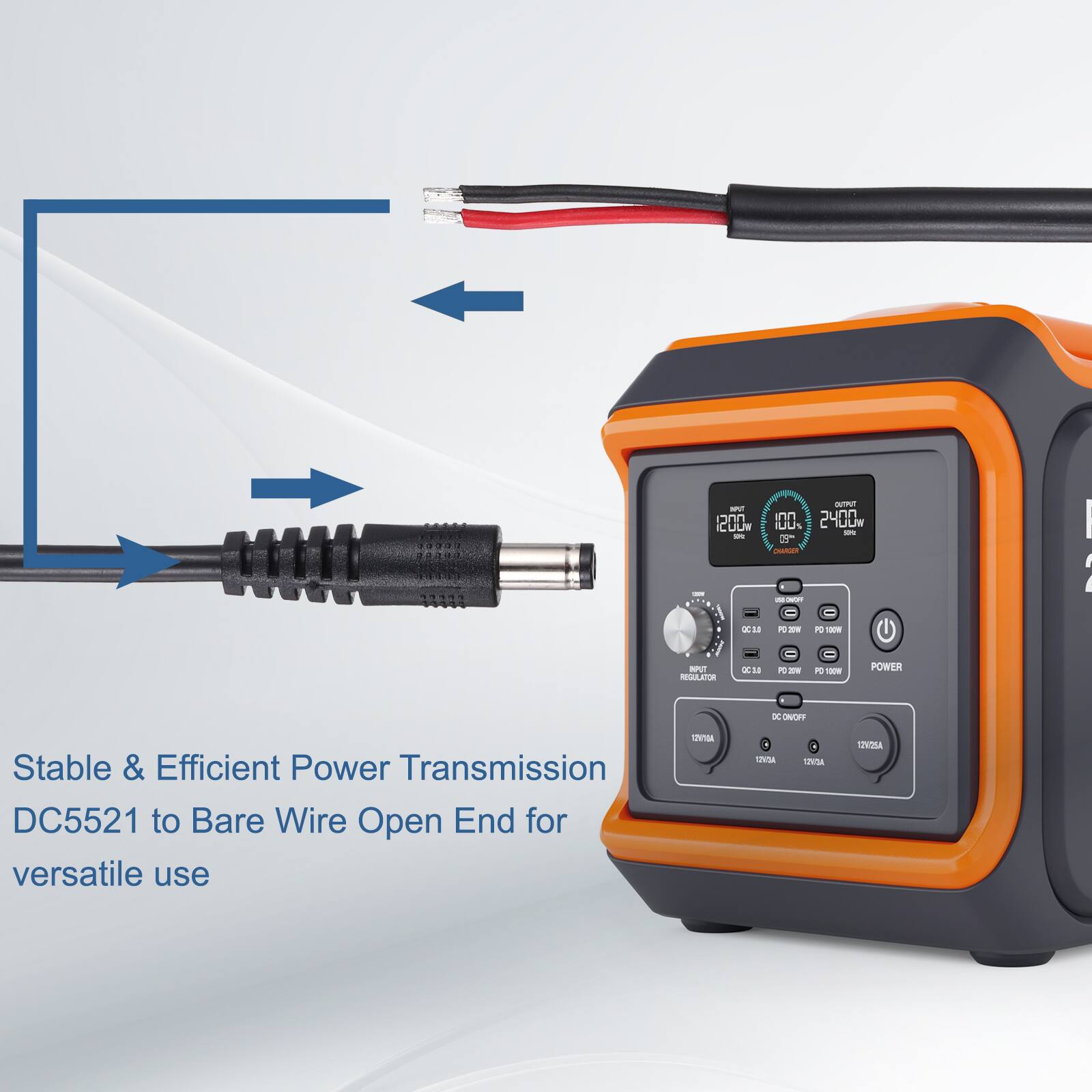 - nnc CULW - - N n 2400w C IULR - 9 candes - - I : 18 a - - E - S - 1 - . 0  1 POWER x ONGFP Stable & Efficient Power Transmission DC5521 to Bare Wire Open End for versatile use 1 - TN - uVSA SVONA