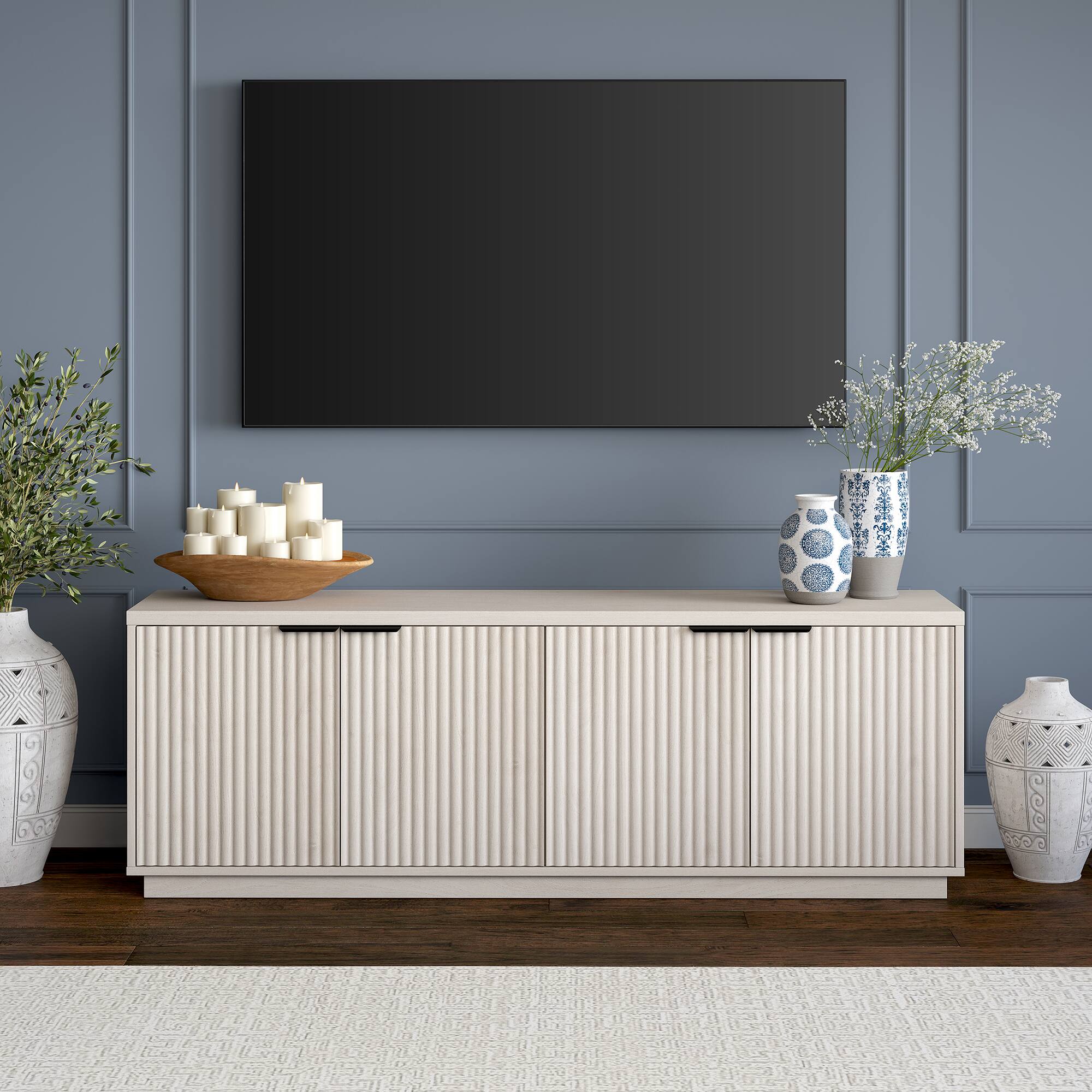 Alt View 2. Hudson&Canal - Mansfield Rectangular Fluted TV Stand for TV's up to 78" in Alder White - Alder White.