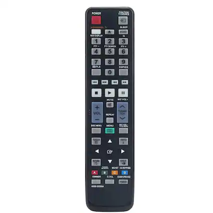 POWER FUNCTION TV SOURCE DVD RECEIVER TV SLEEP ECHO RDS DISPLAY TA 1 2 3 PTY PTY SEARCH PTY + 4 5 6 7 0O PLE 8 0 9 DSP/EQ |4 | 4 4 I MUTE MIC VOL+ + VOL TUNING REPEAT ICH DISC MENU MENU MIC VOL- TILA MENU ".. TOOLS INFO i RETURN EXIT DPCE MEMOAY MO/ST CO RIPPING A B D DIMMER S.VOL AUDIO UPSCALE PBASS AH59-02293A