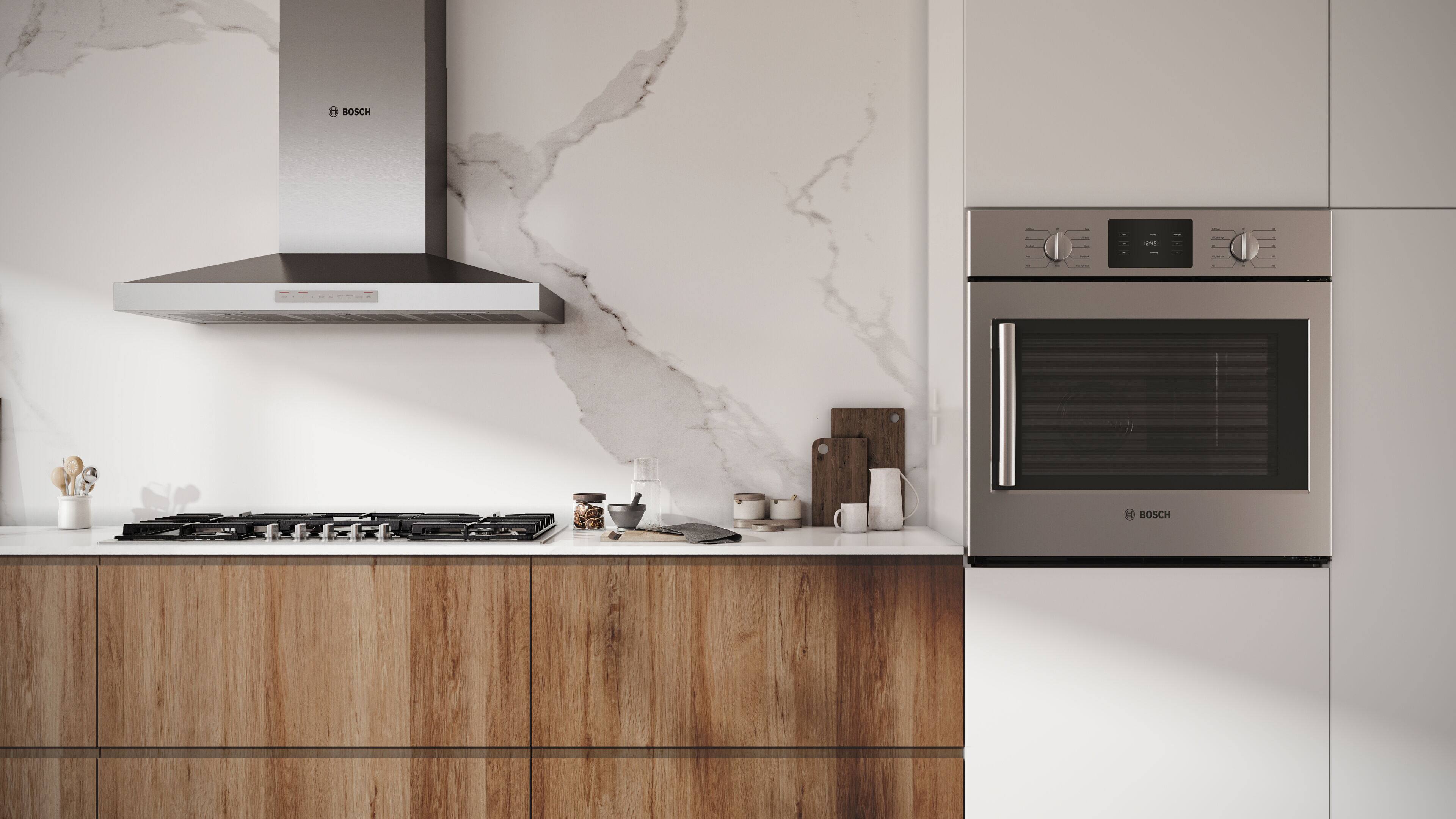 Bosch is the brand of the oven and stove in the image.