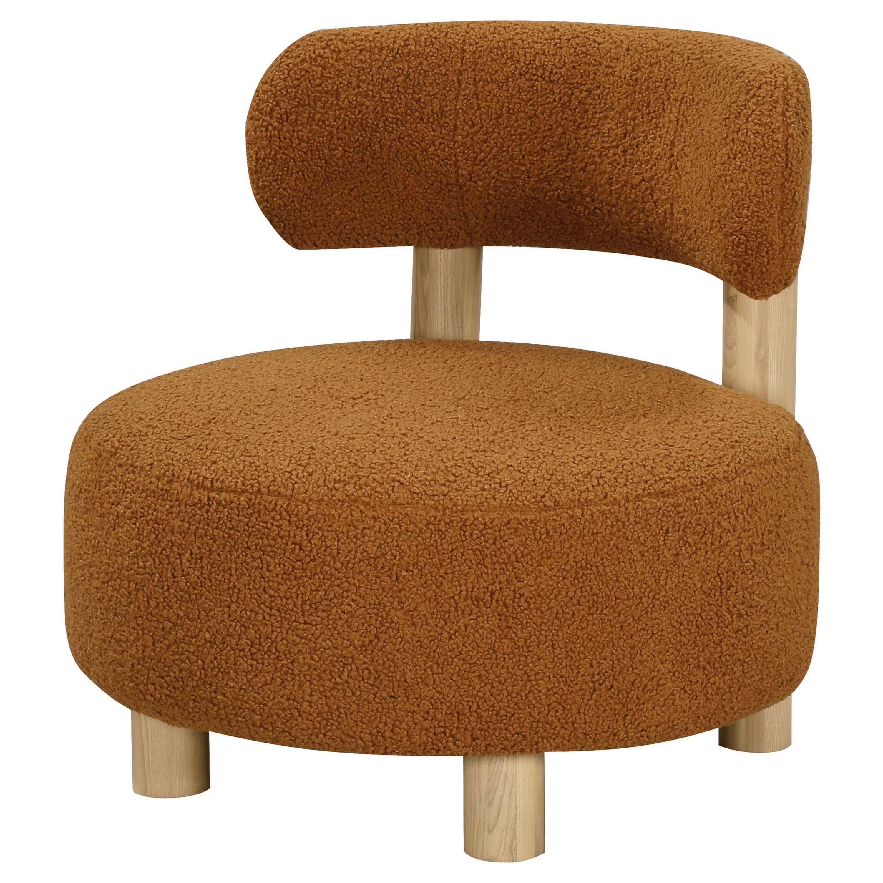 Alt View 2. Manhattan Lane - Zona Accent Chair, Barrel Back, Orange Boucle Fabric and Brown Wood - Orange, Brown.
