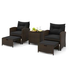 Costway - 5 Piece Patio Rattan Furniture with 2 Ottomans & Tempered Glass Coffee Table - Black + Mix Brown