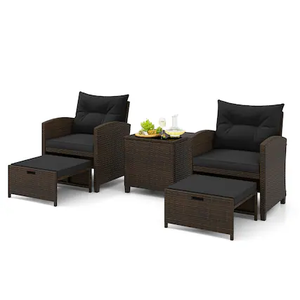 Front. Costway - 5 Piece Patio Rattan Furniture with 2 Ottomans & Tempered Glass Coffee Table - Black + Mix Brown.