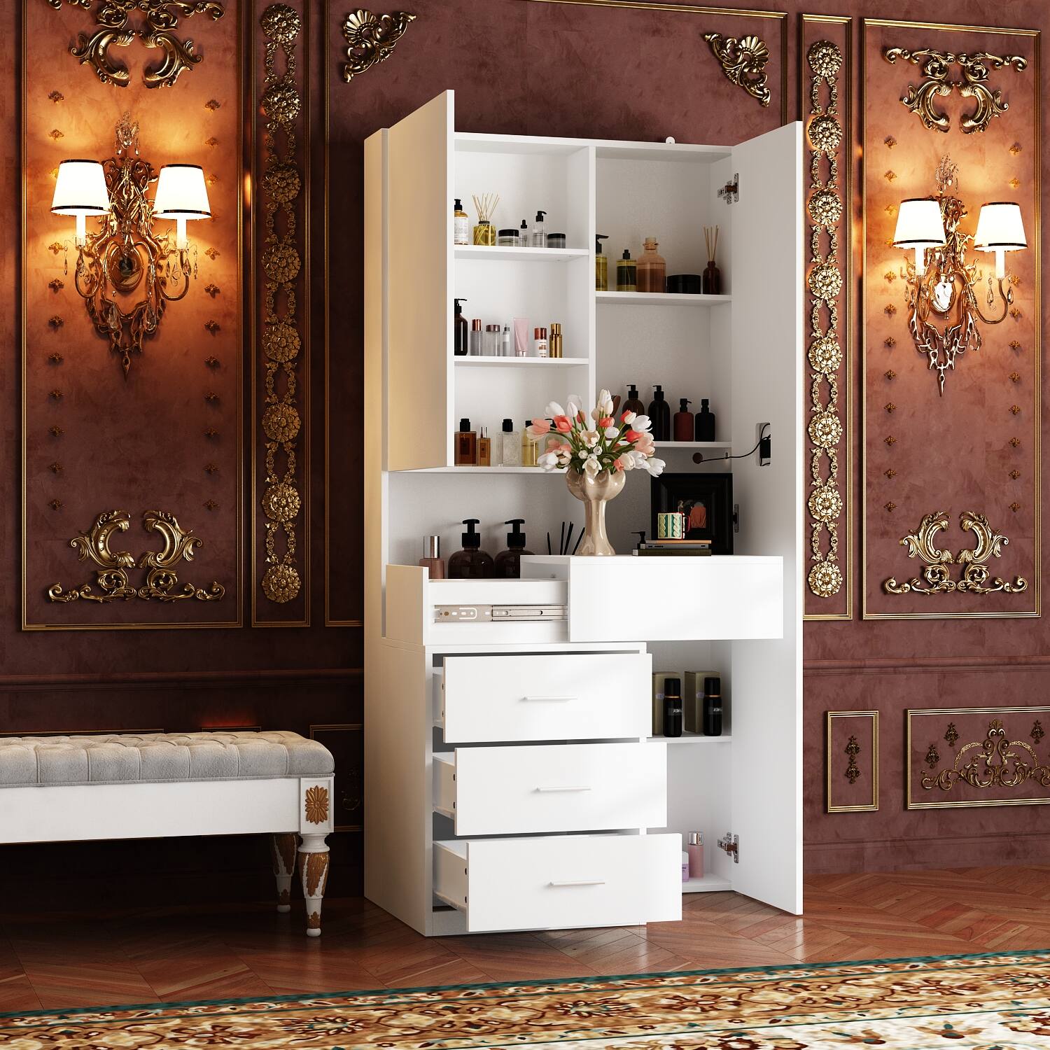 Alt View 1. Famapy - LED Full - Length Mirror Vanity Set with Hidden Makeup Desk & Ample Storage - White.