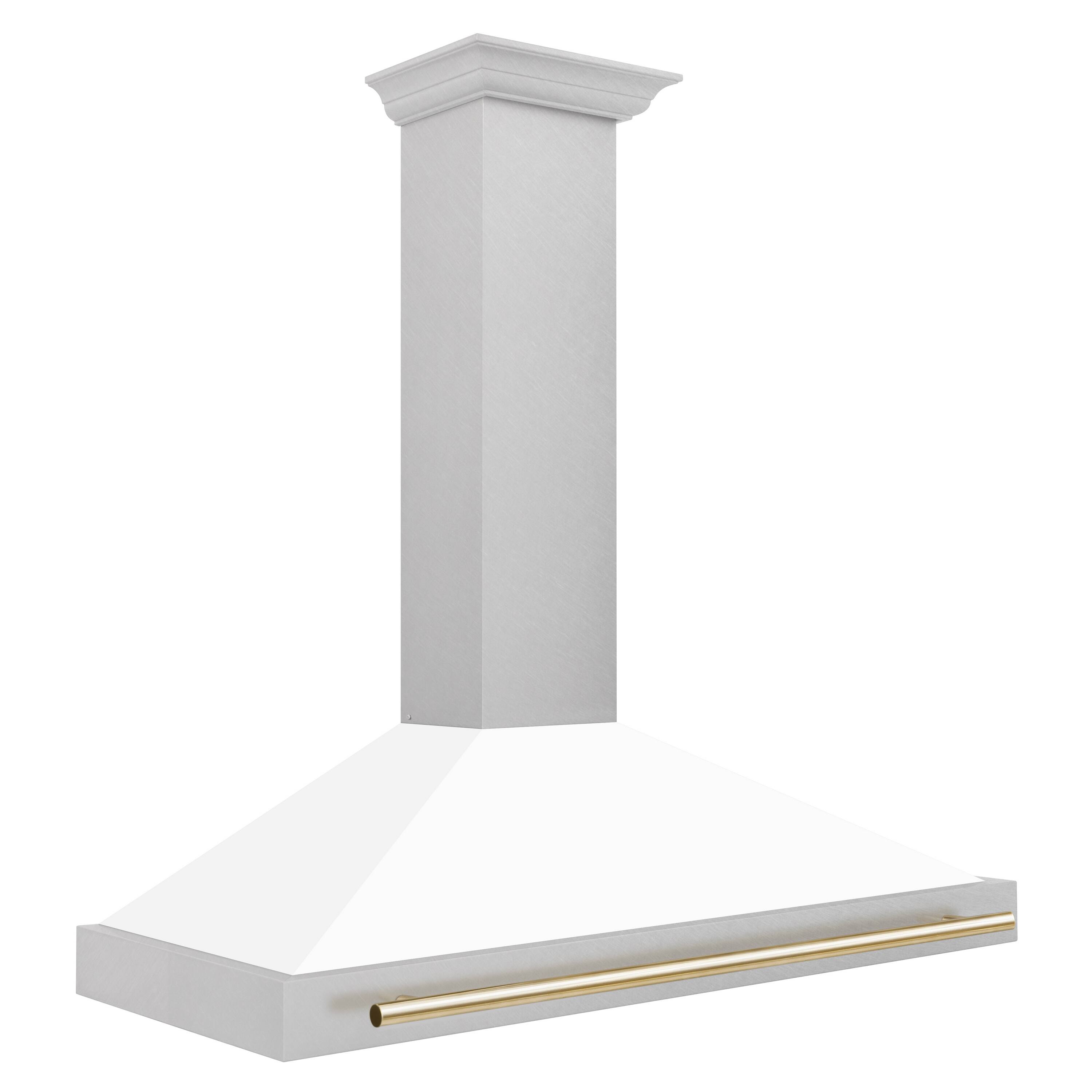 Left. ZLINE - Autograph 48 in. Convertible Satin Stainless Steel Wall Mount Range Hood with White Matte Shell and Polished Gold Handle - Stainless steel.