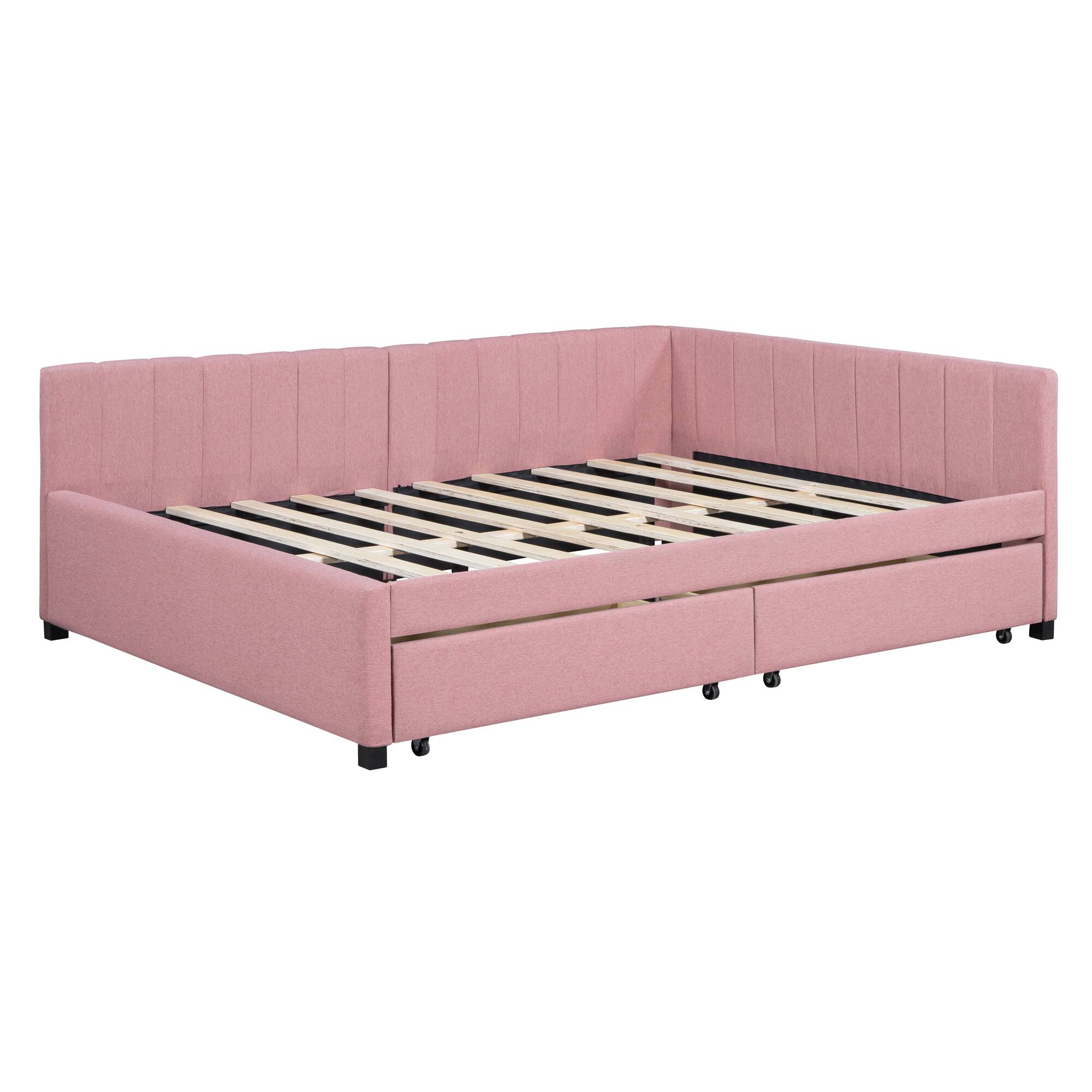 Alt View 4. Tiramisubest - Full Size Upholstered Daybed with 2 Storage Drawers Sofa Bed Frame No Box Spring Needed, Linen Fabric (Pink) - Pink.