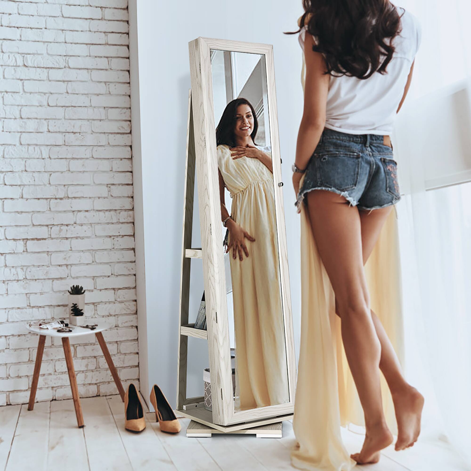 Alt View 11. Costway - 360degree Rotatable Jewelry Cabinet 2-in-1 Lockable Mirrored Organizer White - White.