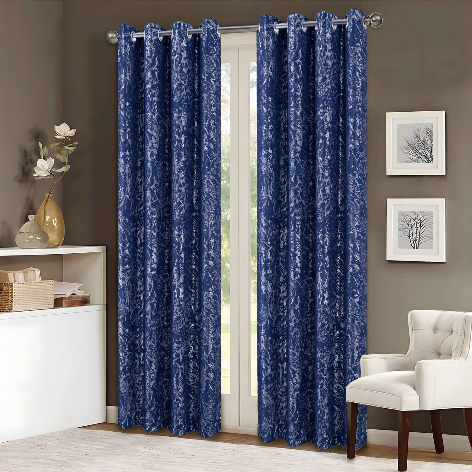 Angle. RT Designers Collection - RT Designers Collection Brighton Foil Jacquard Polyester Window Curtain Grommet Panel 52" x 84" Navy - Navy.
