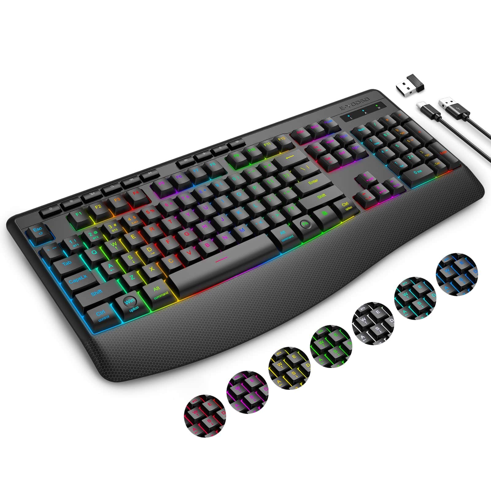 TECH SAFARI - Rgb Wireless 3-mode bt usb 9 Effects Backlits Light Up Letters Rechargeable Computer Silent With Wrist Rest - Default