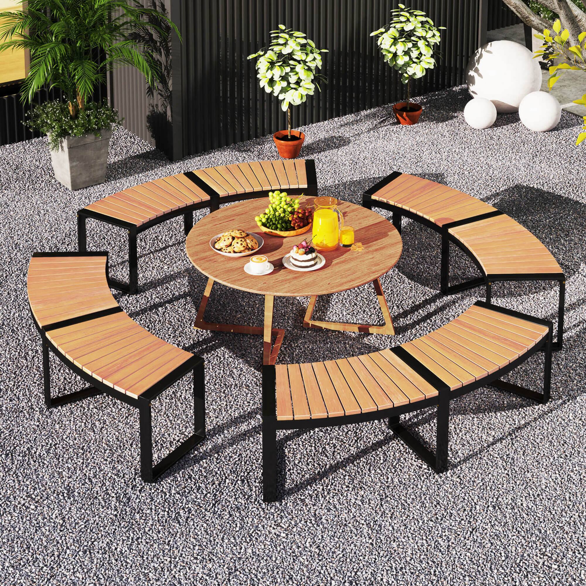 Alt View 4. Costway - Backless 2-Person Patio Curved Bench with Slatted Seat & Metal Legs Oil Painted - Yellow, Black.