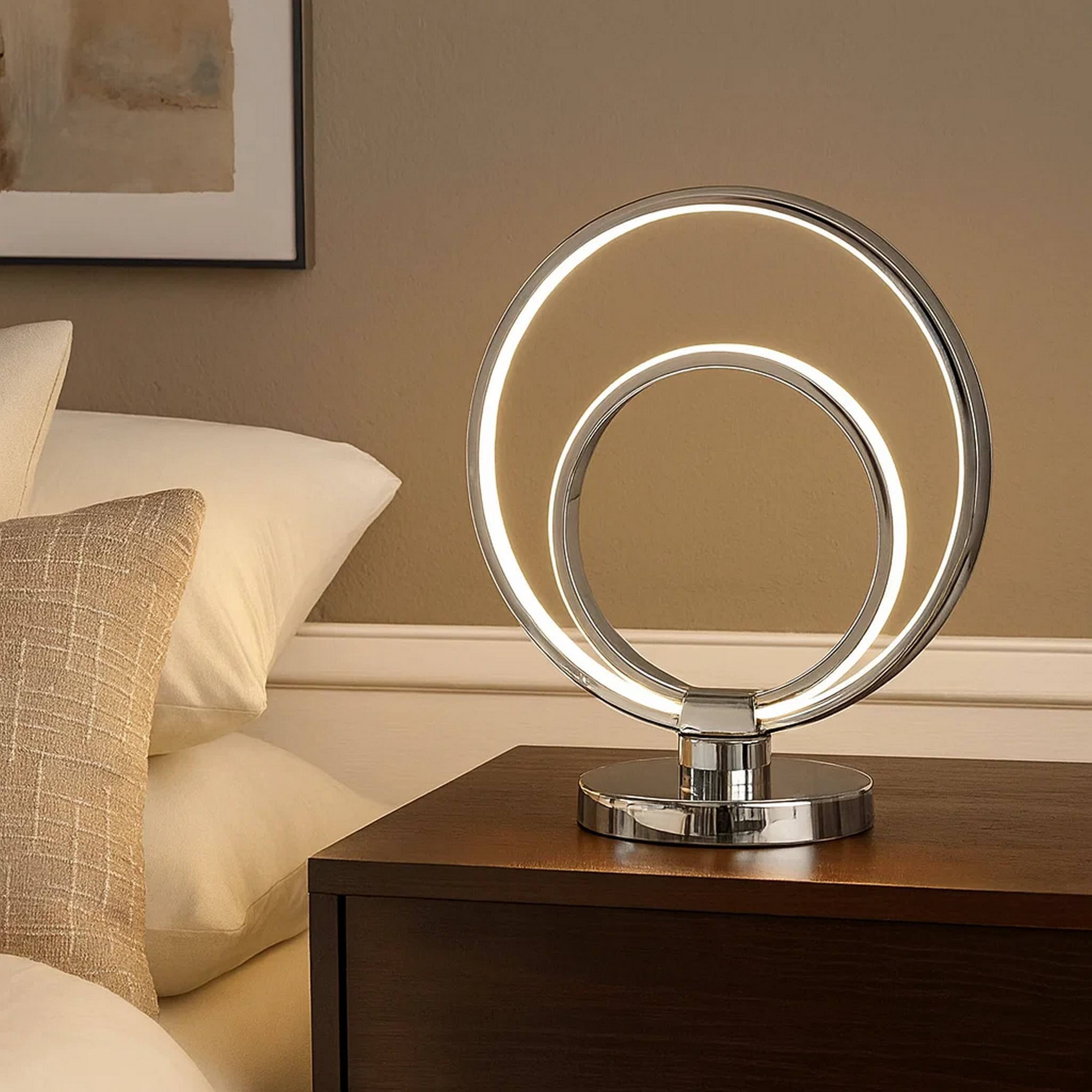 Alt View 3. Manhattan Lane - 14 Inch Table Lamp, Modern Ring LED Light, Round Metal Base - Chrome, Silver.