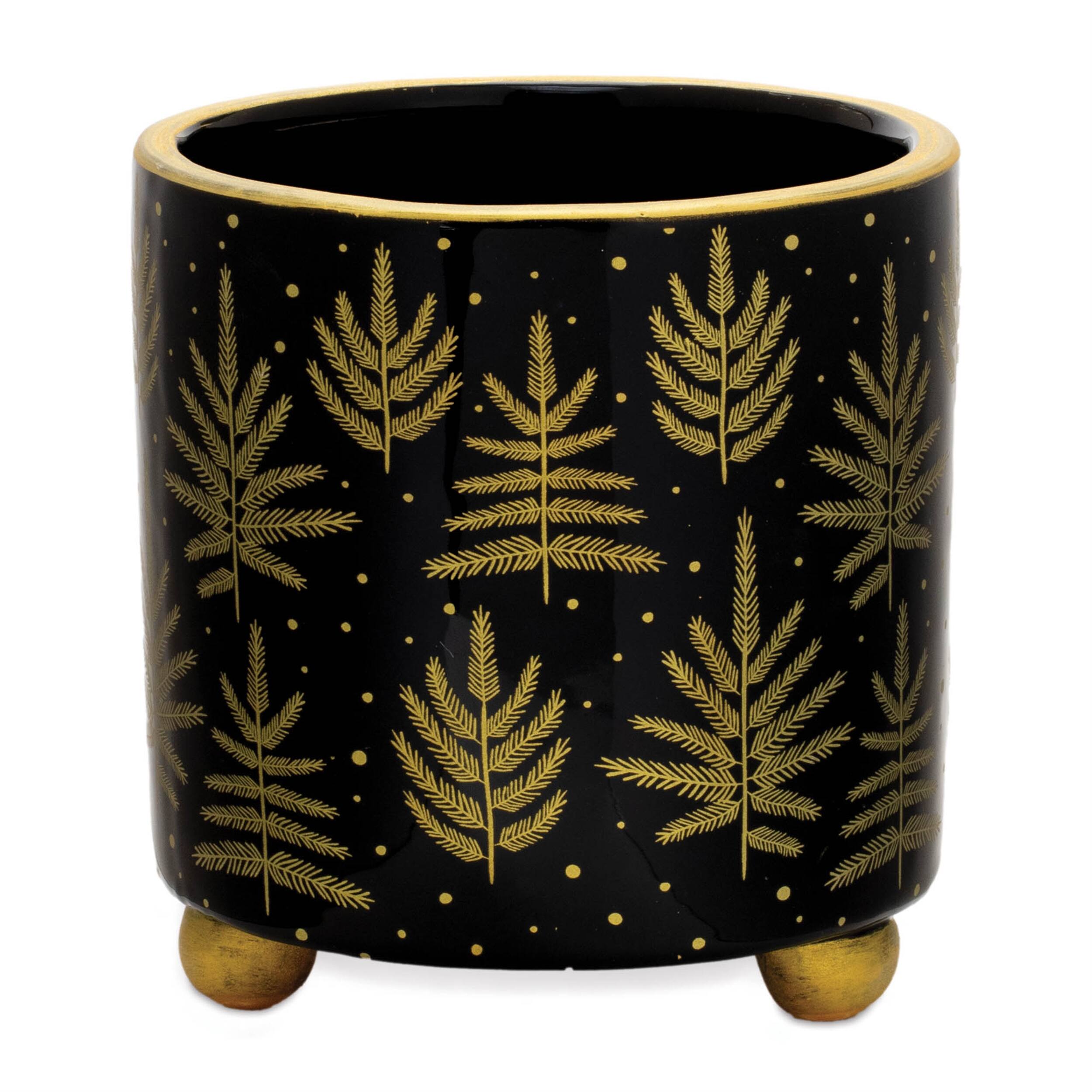 Angle. BreeBe - Footed Pine Tree Planter (Set of 2) - Green, Gold.