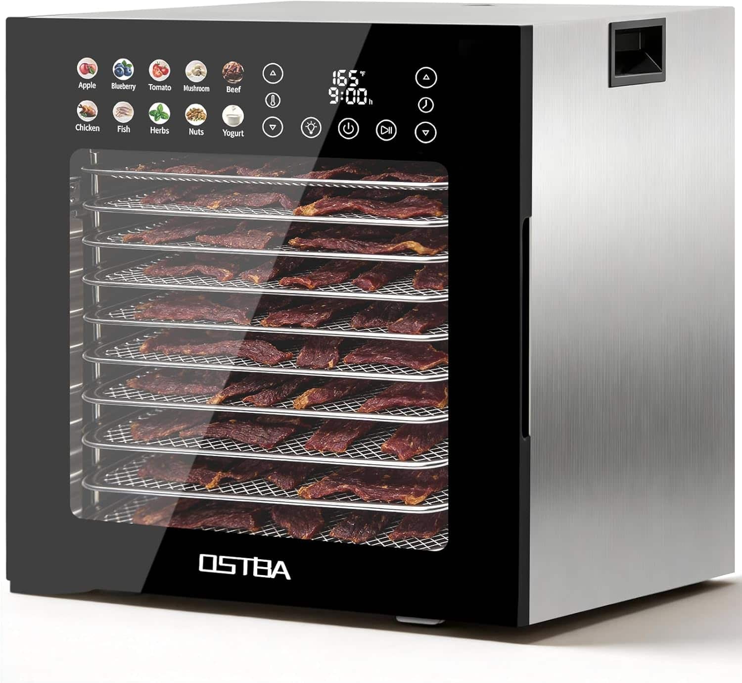 OSTBA - Food Dehydrator, 12 Stainless Steel Trays, 95–165℉ Adjustable Temp, 48h Digital Timer for Fruit, Vegetable, Jerky - Sliver, Black