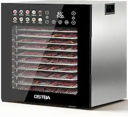 OSTBA - Food Dehydrator, 12 Stainless Steel Trays, 95–165℉ Adjustable Temp, 48h Digital Timer for Fruit, Vegetable, Jerky - Sliver, Black