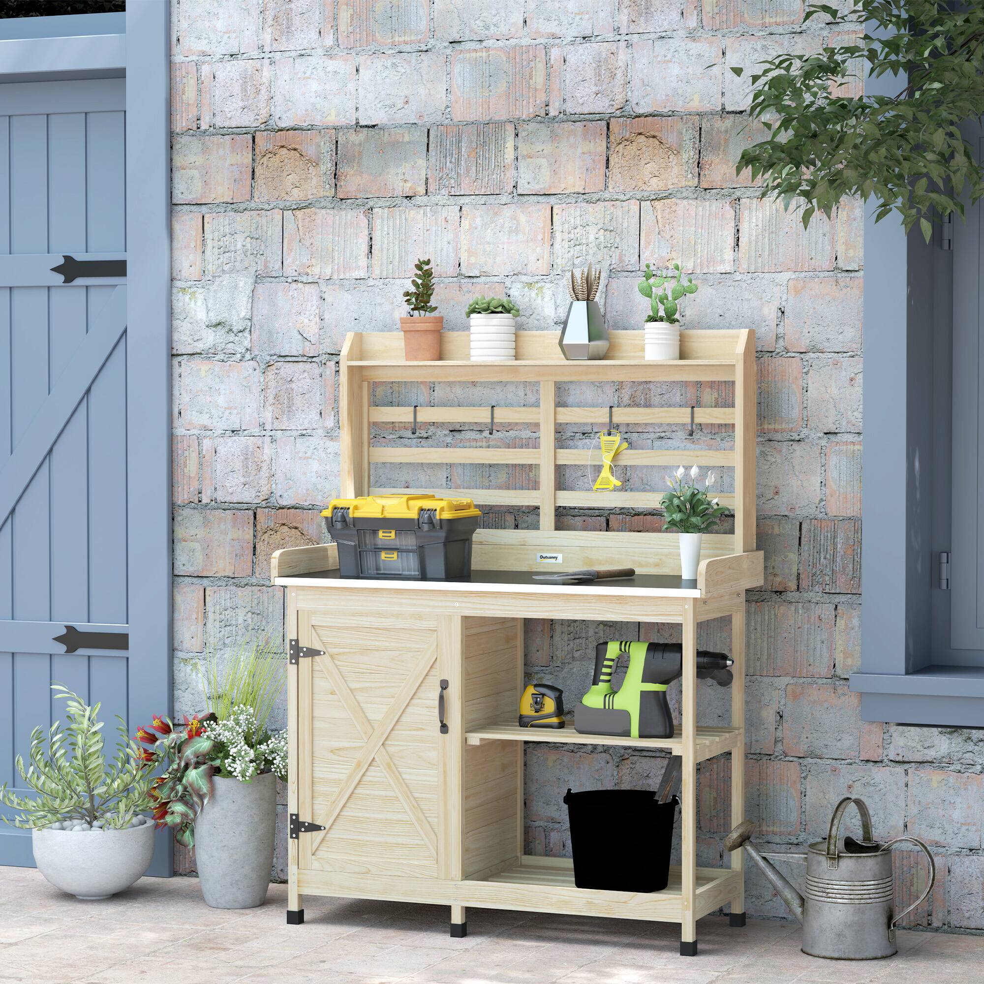 Alt View 1. Outsunny - Potting Bench with Storage, Aluminum Tabletop for Backyard, Patio - Natural Wood.