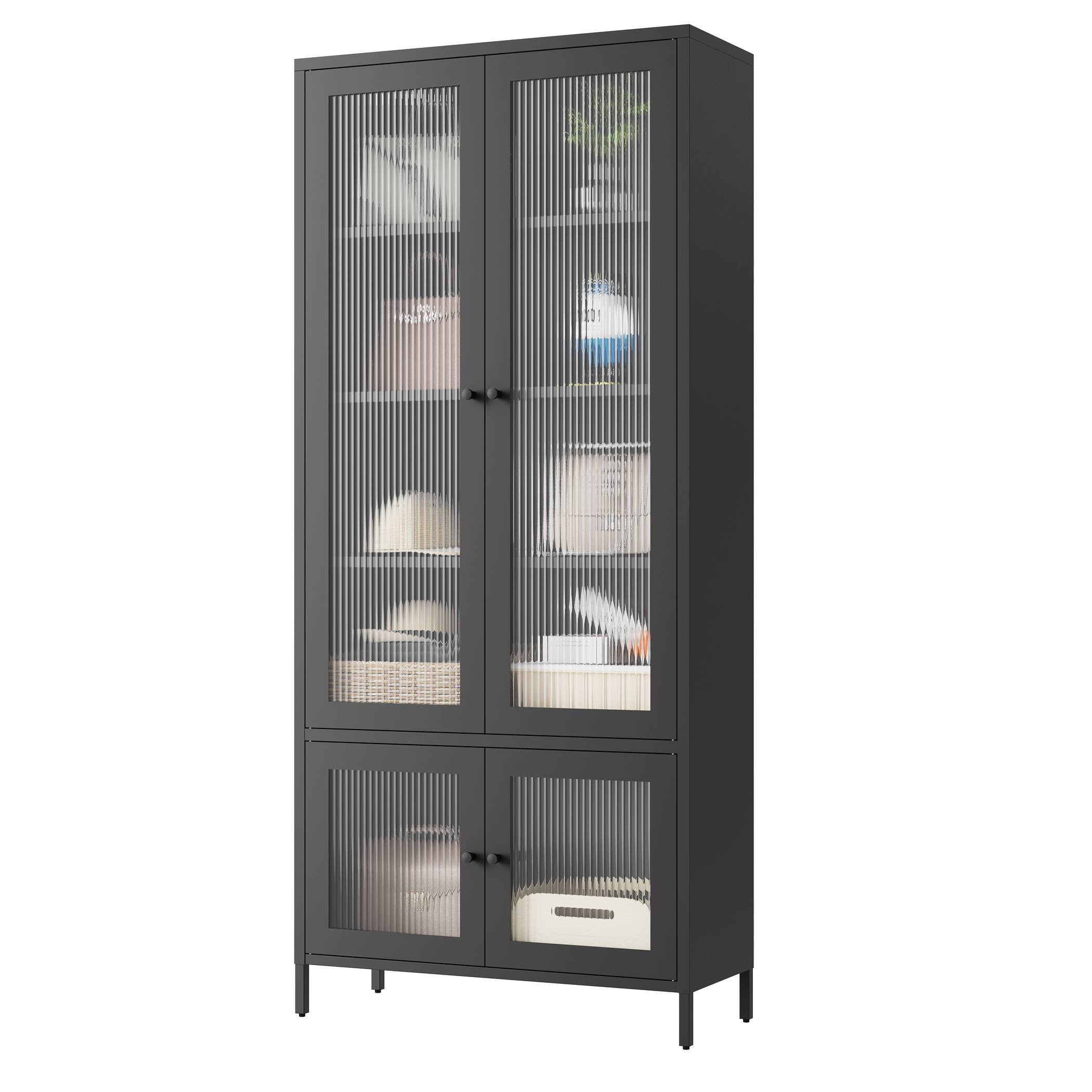 Back. GOODSILO - Large Metal Display Cabinet - Fluted Glass Doors, 5 Shelves, Black - Black.