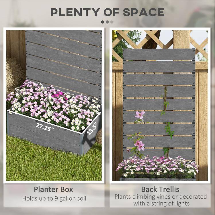 PLANTER BOX
27.25" x 13.5"
Holds up to 9 gallon soil

BACK TRELLIS
Plants climbing vines or decorated with a string of lights