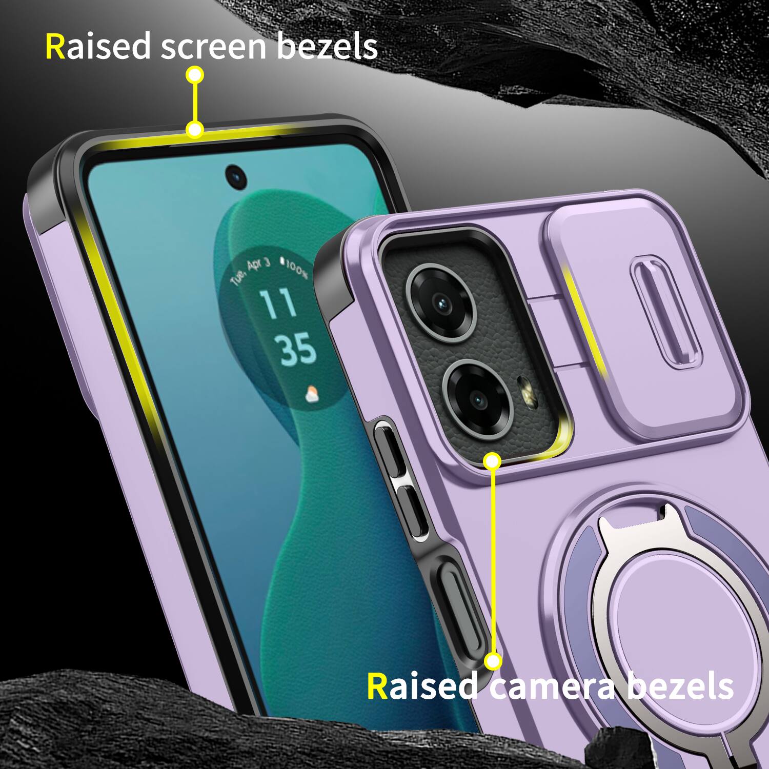 Raised screen bezels  
Raised camera bezels