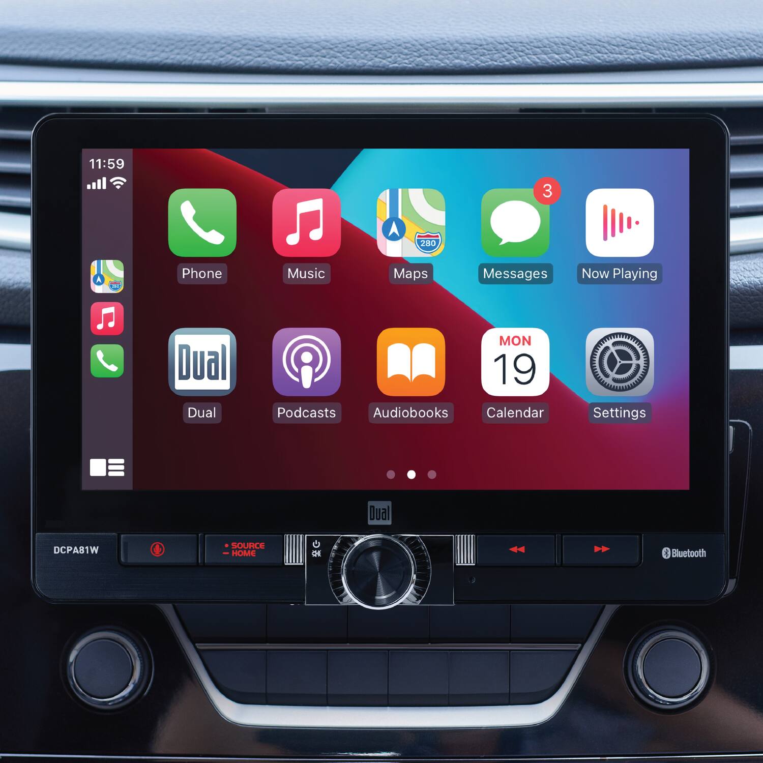11:59  
3  
280  
DU  
Phone  
Music  
Maps  
Messages  
Now Playing  
Dual  
MON 19 Podcasts Audiobooks Calendar  
Settings  
DCPA81W  
SOURCE - HOME  
Bluetooth