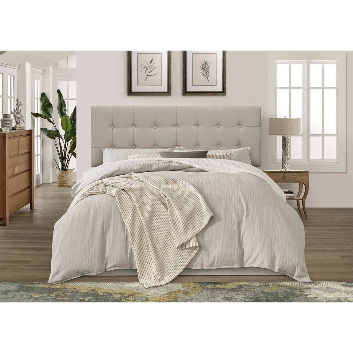 Left. SlickBlue - Button-Tufted Upholstered Headboard in Light Grey Beige Taupe Fabric - Light Grey.