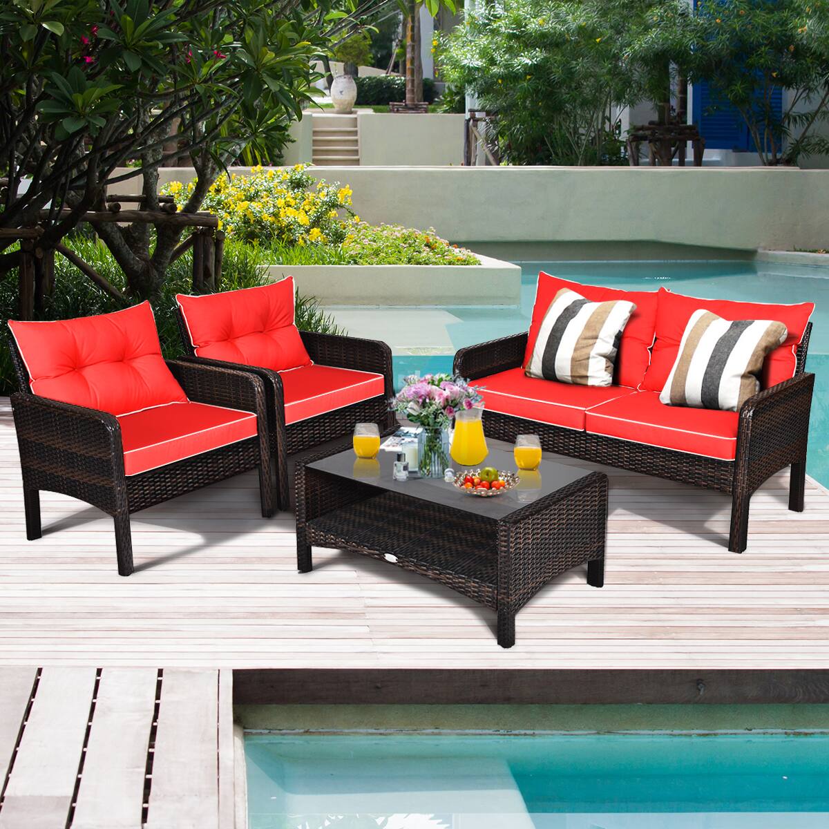 Alt View 4. Costway - Costway 4PCS Patio Rattan Furniture Set Loveseat Sofa Coffee Table Garden W/ Cushion - Red.