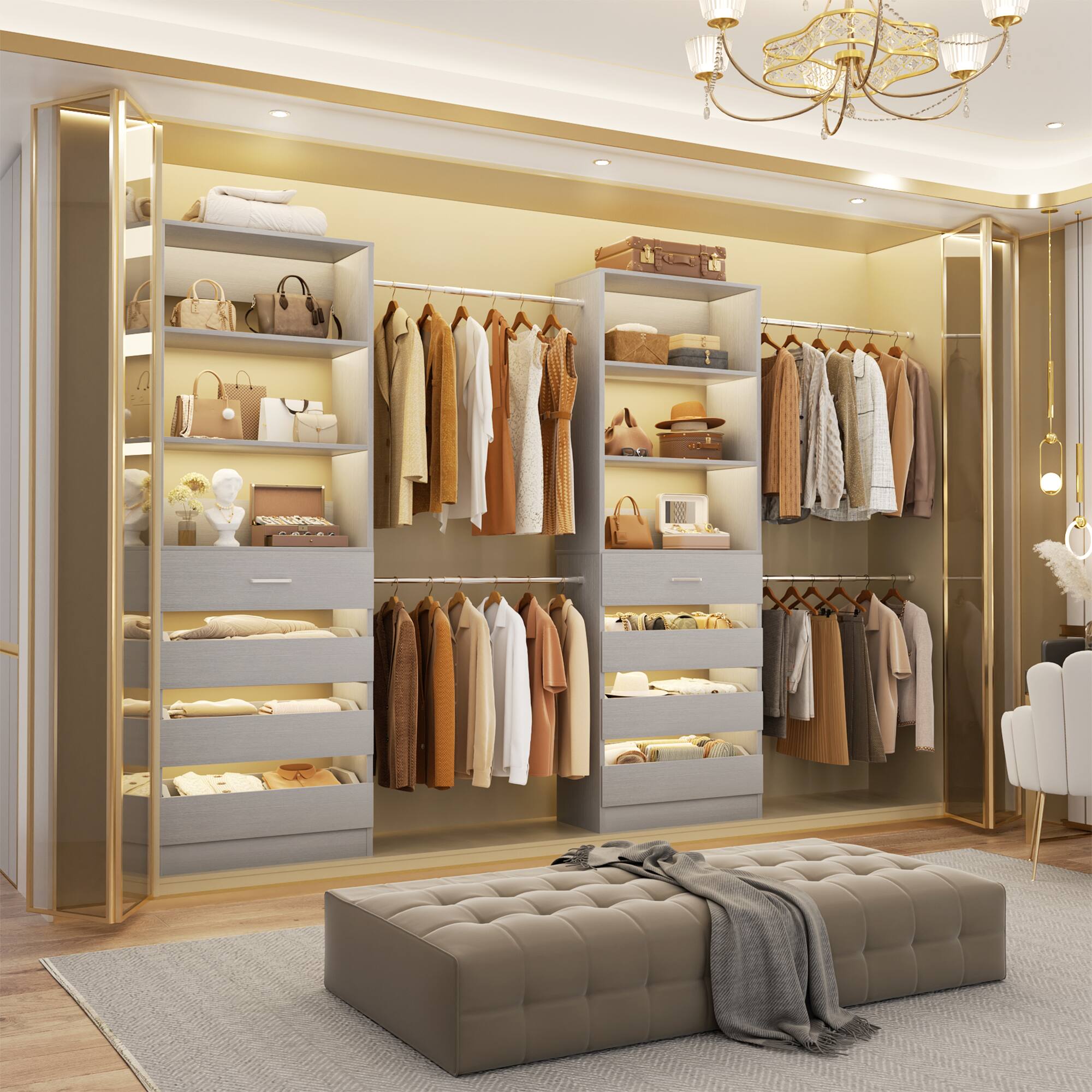 Aheaplus 6 15Ft Wood Walk in Closet Organizer: 8 Drawers, 4