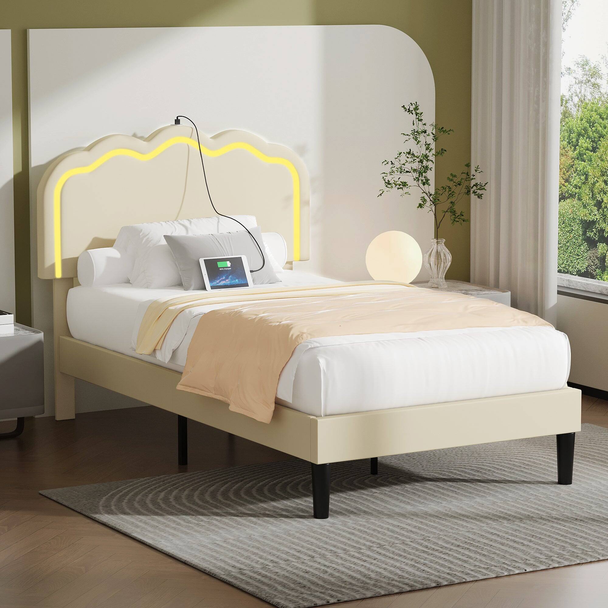 Alt View 1. Vecelo - Twin LED Bed Frame with RGB Lighting & Charging Station - 800lb Capacity, Adjustable Headboard, Noise-Free Design - Beige.