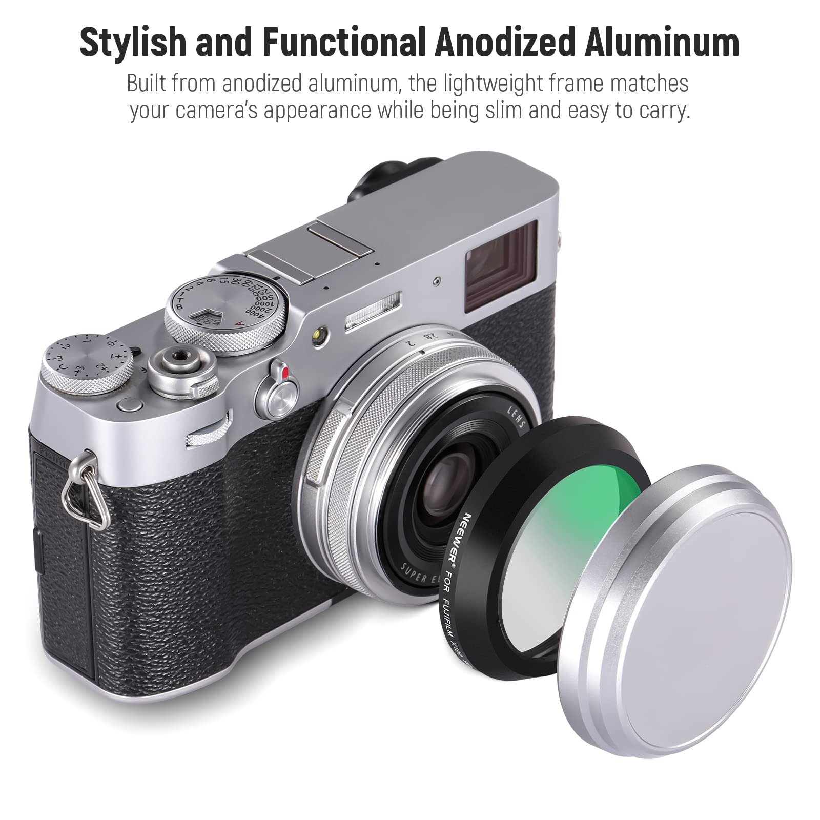 Stylish and Functional Anodized Aluminum

Built from anodized aluminum, the lightweight frame matches your camera's appearance while being slim and easy to carry.

1 n bat Cant doos 2000 E C   f 0- SE LENS NEEWER SUPER E FOR FUJIFILM