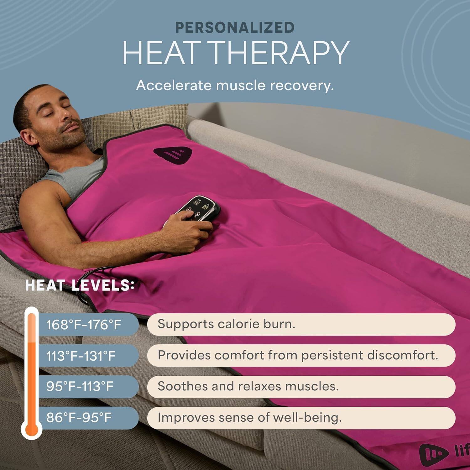 PERSONALIZED HEAT THERAPY  
Accelerate muscle recovery.

HEAT LEVELS:
- 168°F-176°F: Supports calorie burn.
- 113°F-131°F: Provides comfort from persistent discomfort.
- 95°F-113°F: Soothes and relaxes muscles.
- 86°F-95°F: Improves sense of well-being.