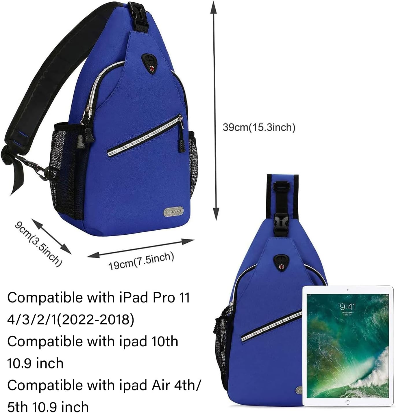 39cm (15.3 inch)  
9cm (3.5 inch)  
19cm (7.5 inch)  

Compatible with iPad Pro 11 4/3/2/1 (2022-2018)  
Compatible with iPad 10th 10.9 inch  
Compatible with iPad Air 4th/5th 10.9 inch