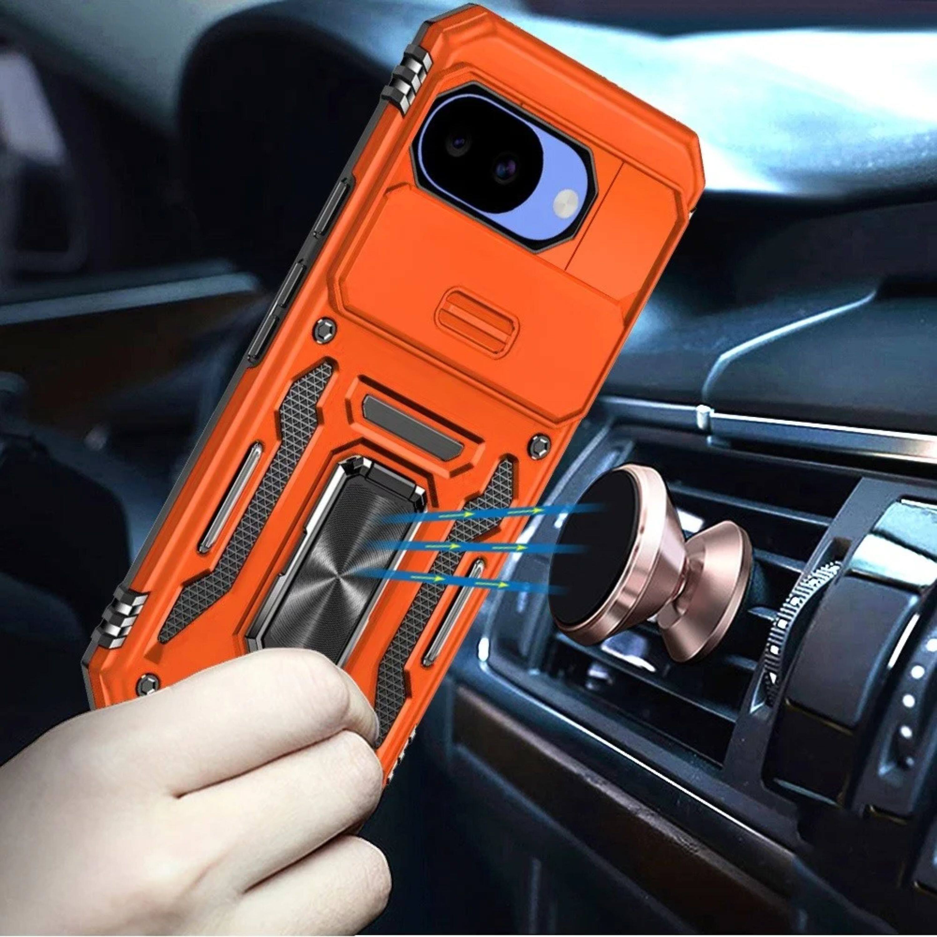 Angle. Kitcheniva - Shockproof Camera Lens Sliding Cover Magnetic Ring Stand Phone Case With Tempered Glass For Google Pixel 10a Cosmic Oran - Cosmic Orange.