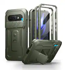 Front. Dexnor - Bumper Case for Google Pixel 9a with Slide Camera Cover, 2 Front Frames, Screen Protector Full-Body Protective Cover - Army Green.