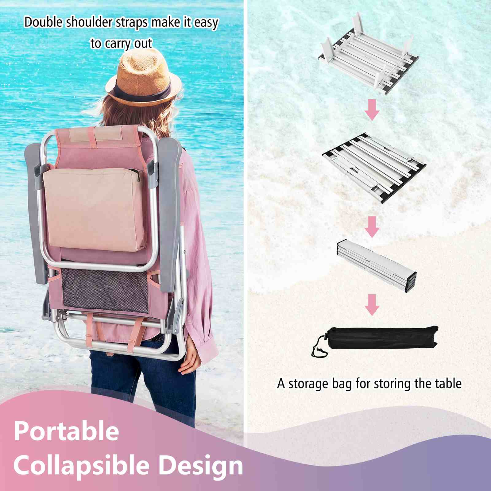 Double shoulder straps make it easy to carry out

A storage bag for storing the table

Portable Collapsible Design