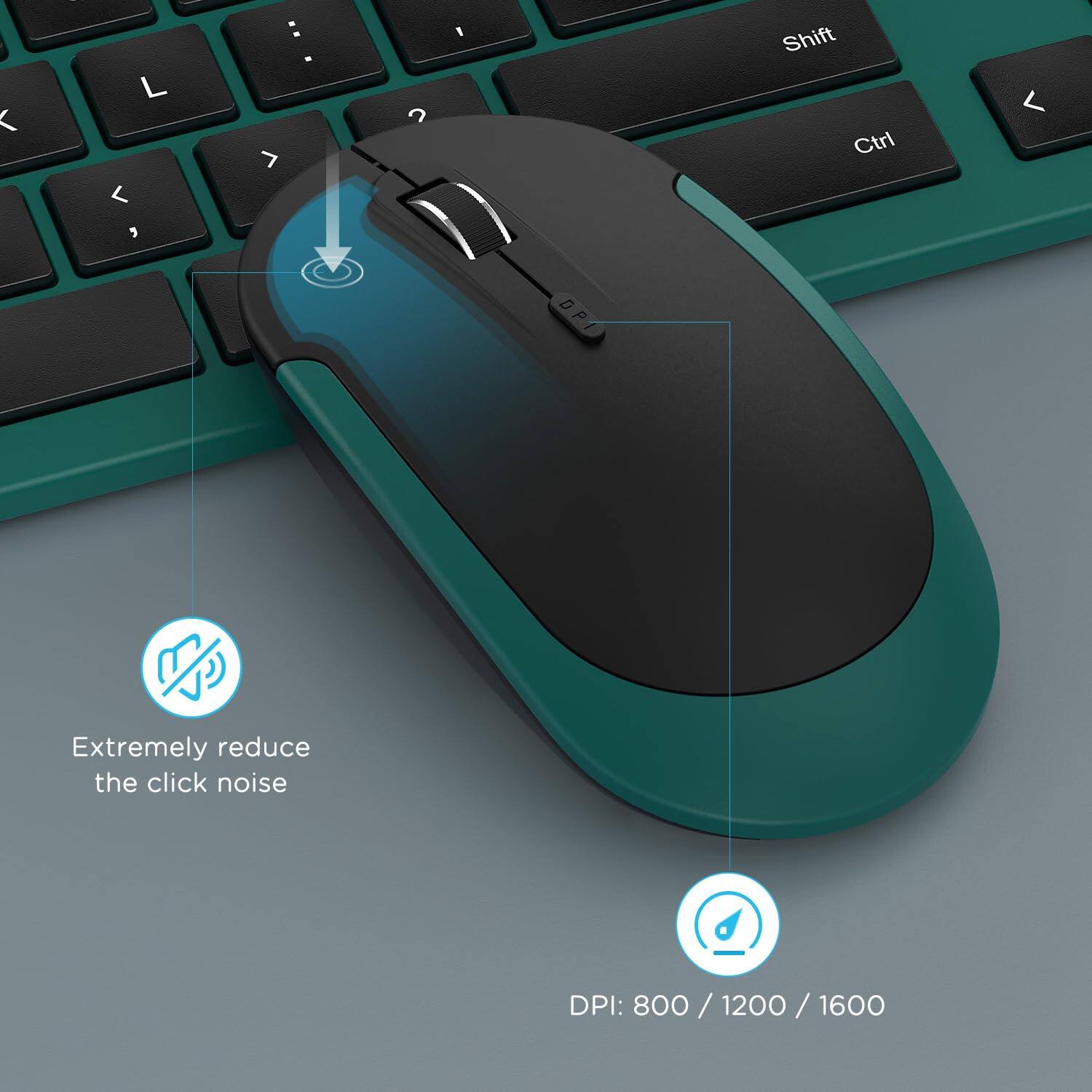 - Extremely reduce the click noise
- DPI: 800 / 1200 / 1600