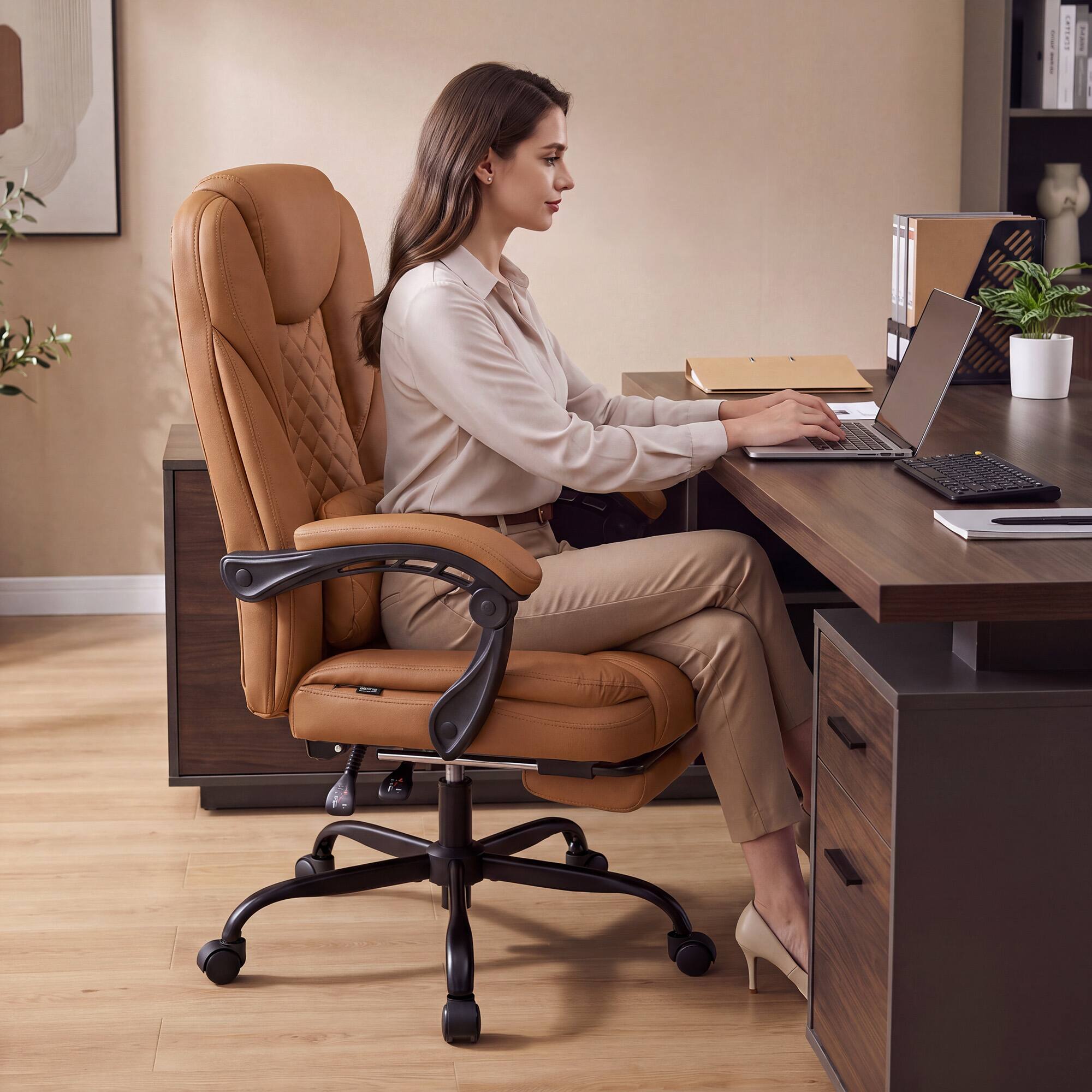 Alt View 3. Dowinx - Ergonomic Executive Leather Reclining Chair with Footrest,Office Chair with Quilted Lumbar Support & Adjustable Arms. - Brown.