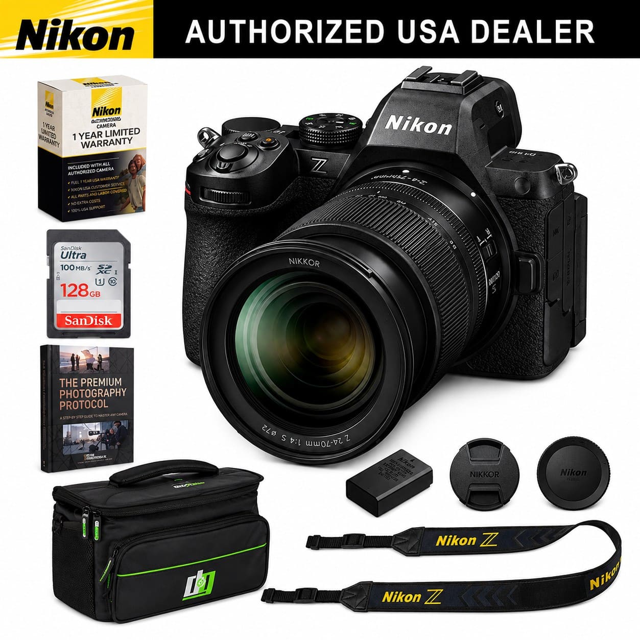 Nikon AUTHORIZED USA DEALER

Nikon ADIDAS YEAR CAMERA 1 YEAR LIMITED WARRANTY WITH ALL INCLUDED CAMERA AUTHORIZED YEAR ANIMA FULL SERVICE TENCOWN CUSTOMER AND LASION COMPED 450 EXTRA CONTS 100% USA SUPPORT

6 7

Nikon 75hring'

488 NO

SanDisk Ultra 100 MB/s XC I 128GB

NIKKOR

SanDisk

THE PREMIUM PHOTOGRAPHY PROTOCOL 70

Nikon 500

Nikon Z Nikon Z

Nikon N