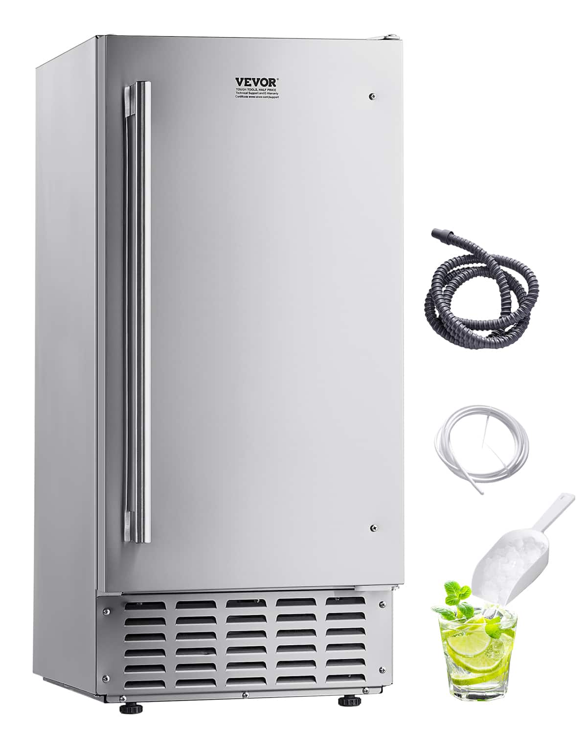 Front. VEVOR - Undercounter Built-in Ice Maker, 66 Lbs/Day Under Counter Nugget Ice Maker Machine with Reversible Door Stainless Steel - Silver.